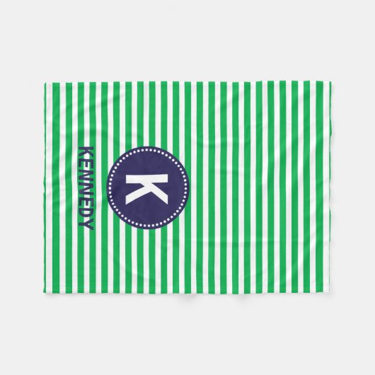 モノグラムの総括的なケリーの緑のストライプおよび濃紺 フリースブランケット (正面(横))