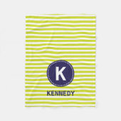 モノグラムの総括的なライムグリーンのストライプおよび濃紺 フリースブランケット (正面)