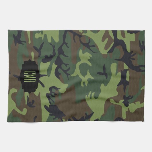 モノグラムの緑のカムフラージュパターン キッチンタオル (横)
