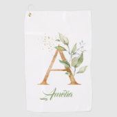 モノグラムの緑のユーカリ金ゴールドグリッター ゴルフタオル (正面)