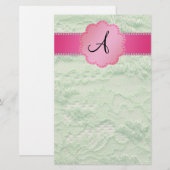 モノグラムの緑のレース 便箋 (正面/裏面)