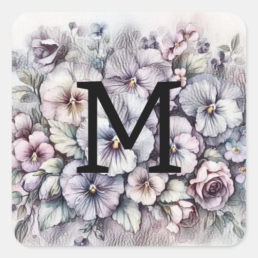 モノグラムの花のイラスト ピンクのパンジーの花 スクエアシール (正面)