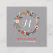 モノグラムの花のリースの正方形 スクエア名刺 (正面)