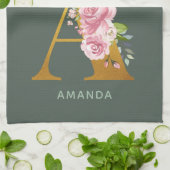 モノグラムの花の模様の偽金文字Aのイニシャル キッチンタオル (折り畳み)
