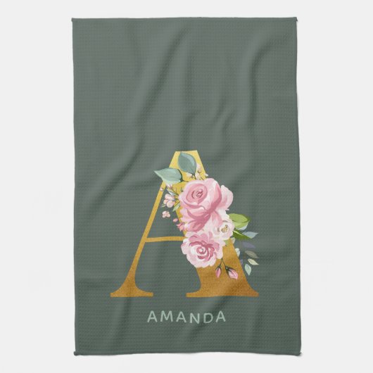 モノグラムの花の模様の偽金文字Aのイニシャル キッチンタオル (縦)