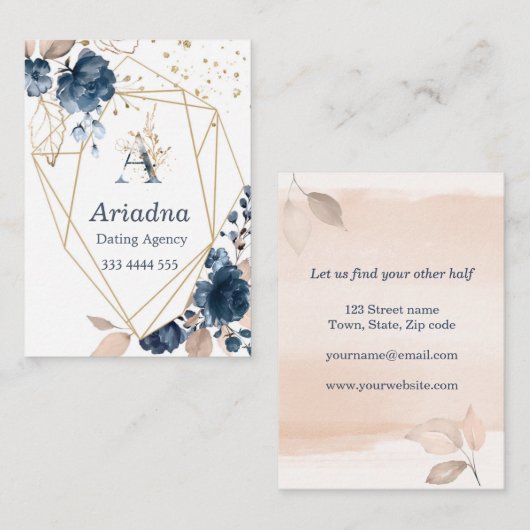 モノグラムの花の濃紺の水彩画、紙吹雪 名刺 (正面/裏面)