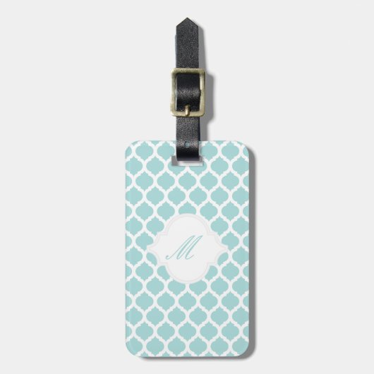モノグラムの荷物のラベルが付いている青いモロッコパターン ラゲッジタグ (正面縦)