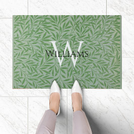 モノグラムの葉ウィリアムモリス緑離れの青 ドアマット