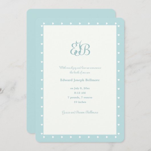 モノグラムの誕生の発表の青 招待状 (正面/裏面)