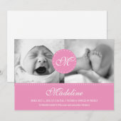 モノグラムの誕生の発表を用いるピンクの水玉模様 案内状 (正面/裏面)