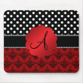 モノグラムの赤いダマスク織の黒の水玉模様 マウスパッド (正面)