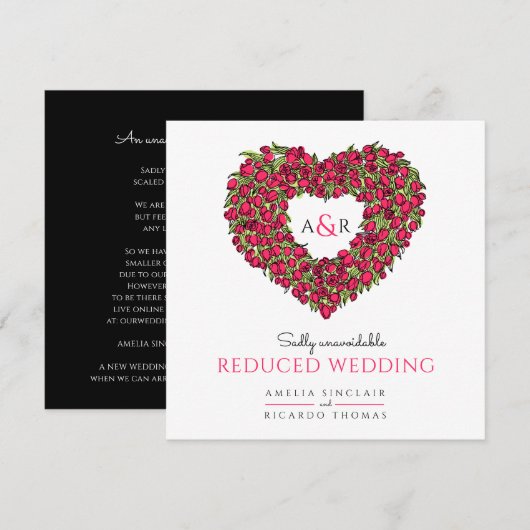 モノグラムの赤いチューリップのハートが縮小された結婚式 案内状 (正面/裏面)