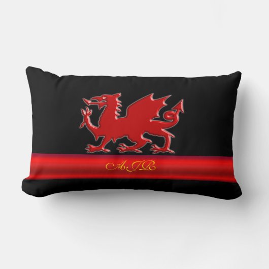 モノグラムの赤いドラゴン、赤い金属効果のストライブ柄 ランバークッション (正面)