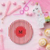 モノグラムの赤と白のストライプパターン ペーパープレート (パーティー)