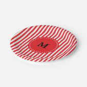 モノグラムの赤と白のストライプパターン ペーパープレート (アングル)