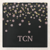 モノグラムの赤面と金ゴールドオーバーレイを黒に ガラスコースター (正面)