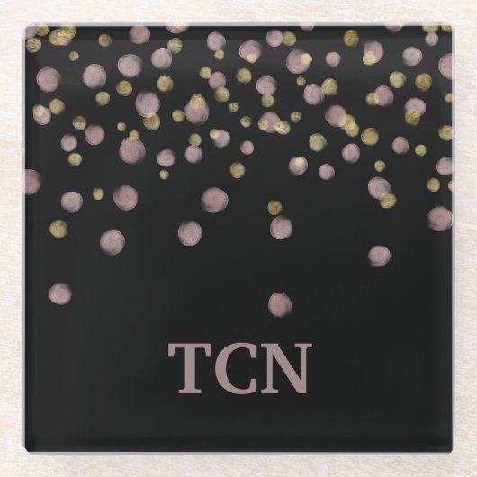 モノグラムの赤面と金ゴールドオーバーレイを黒に ガラスコースター (正面)