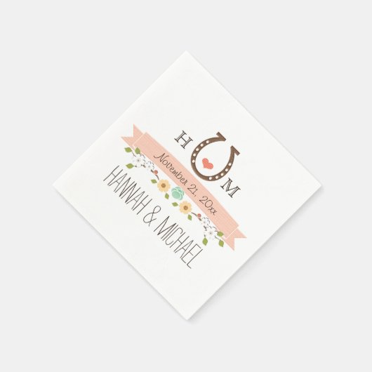 モノグラムの赤面ピンクホースシューハート結婚ズ スタンダードカクテルナプキン (角)