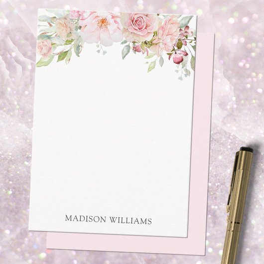 モノグラムの赤面ピンク水彩バラ花 ノートカード