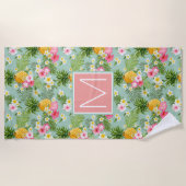 モノグラムの追加 |熱帯の花とパイナップル ビーチタオル (正面)