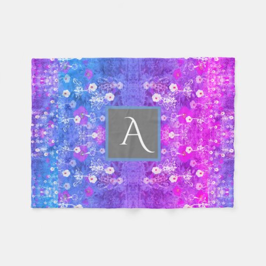 モノグラムの野生の花の紫色の青 フリースブランケット (正面(横))