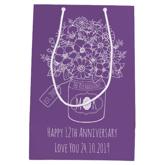 モノグラムの野生の花の花束の手描きのメーソンジャー ミディアムペーパーバッグ (裏面)