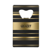 モノグラムの金ゴールドと黒のストライプパターン クレジットカード栓抜き (裏面)