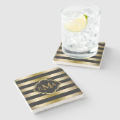 モノグラムの金ゴールドと黒のストライプ幾何学的パターン ストーンコースター (横)