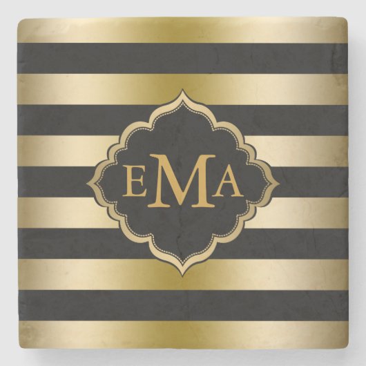 モノグラムの金ゴールドと黒のストライプ幾何学的パターン ストーンコースター (正面)