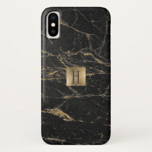 モノグラムの金ゴールドのラベルのエレガントな黒及び金ゴールドの大理 iPhone X ケース
