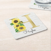 モノグラムの金ゴールドひまわりイニシャルH スクエアペーパーコースター (アングル)