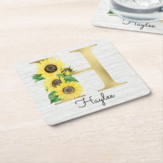 モノグラムの金ゴールドひまわりイニシャルH スクエアペーパーコースター (アングル)