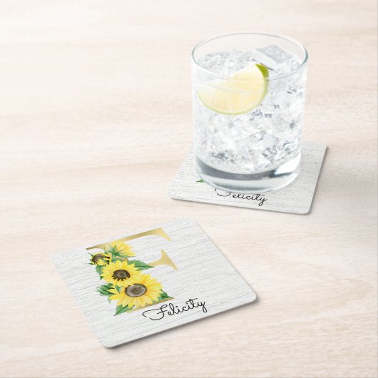 モノグラムの金ゴールドひまわりフローライニシャルF スクエアペーパーコースター (インサイチュ)