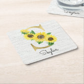 モノグラムの金ゴールドひまわりフローライニシャルS スクエアペーパーコースター (アングル)