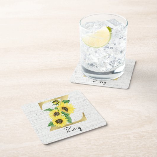 モノグラムの金ゴールドひまわりフローライニシャルZ スクエアペーパーコースター (インサイチュ)