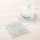 モノグラムの金ゴールドグリッターオーバーホワイトマーブル ガラスコースター (アングル)