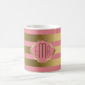 モノグラムの金ゴールドストライプとピンクの幾何学的パターン コーヒーマグカップ (中央)