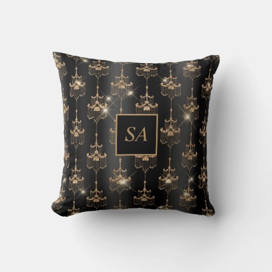 モノグラムの金ゴールドスパークルシャンデリアブラック クッション (正面)