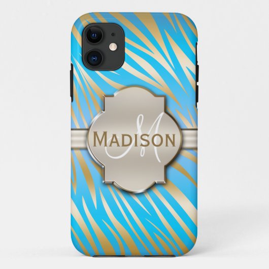 モノグラムの金ゴールドブルーゼブラ印刷パターン Case-Mate iPhoneケース (裏面)