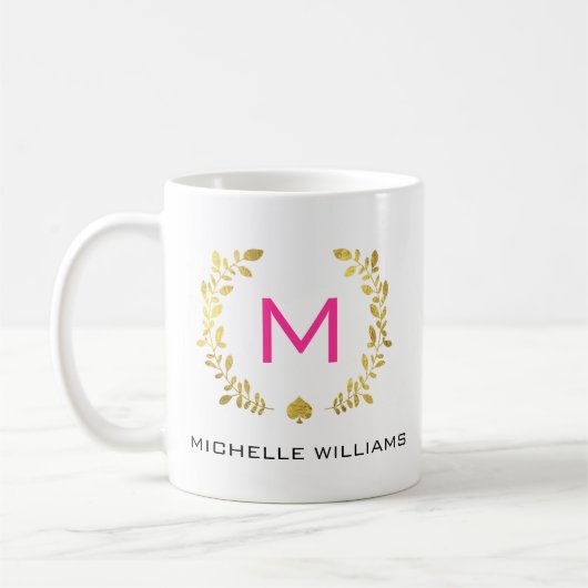 モノグラムの金ゴールドホイル月桂樹及び踏鋤 コーヒーマグカップ (左)