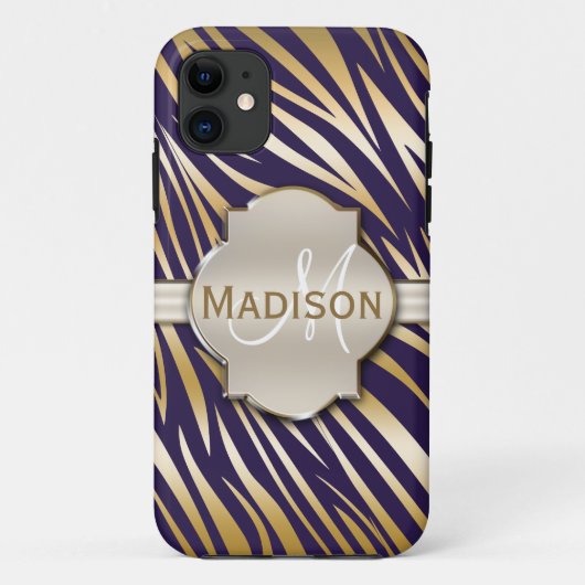 モノグラムの金ゴールド紫ゼブラ印刷パターン Case-Mate iPhoneケース (裏面)