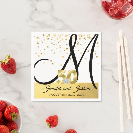 モノグラムの金ゴールド50結婚周年 スタンダードカクテルナプキン (インサイチュ)