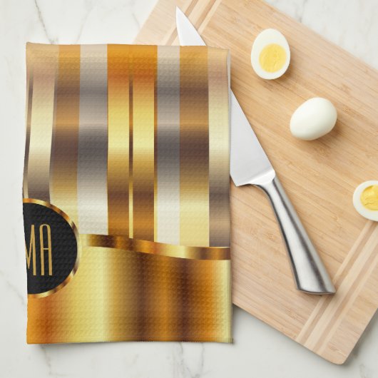 モノグラムの金属金ゴールドは縞で飾ります キッチンタオル (四つ折り)