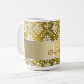 モノグラムの金黄色および白いダマスク織 マグカップ (正面左)
