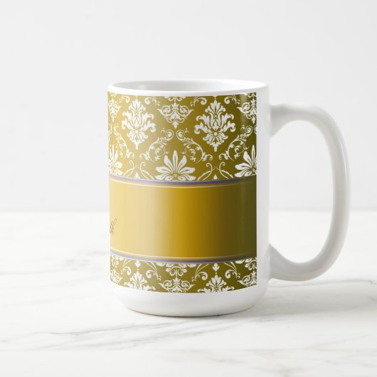 モノグラムの金黄色および白いダマスク織 マグカップ (右)