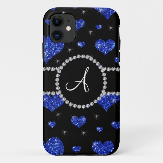 モノグラムの青いグリッターのハートの黒ダイヤの円 Case-Mate iPhoneケース (裏面)