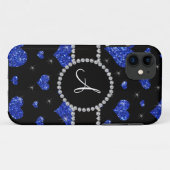 モノグラムの青いグリッターのハートの黒ダイヤの円 Case-Mate iPhoneケース (裏面(横))