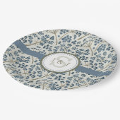 モノグラムの青い花の水彩画 ペーパープレート (アングル)
