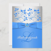 モノグラムの青い銀製の花のバルミツワーの招待状 招待状 (正面)