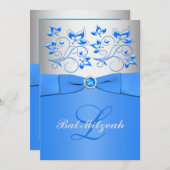 モノグラムの青い銀製の花のバルミツワーの招待状 招待状 (正面/裏面)